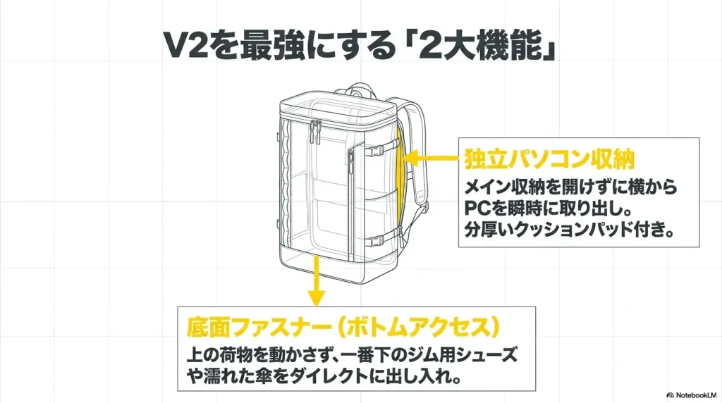 マイティーデイV2を最強にする2大機能。横から瞬時に取り出せる独立パソコン収納と、下の荷物をダイレクトに出し入れできる底面ファスナーの構造図