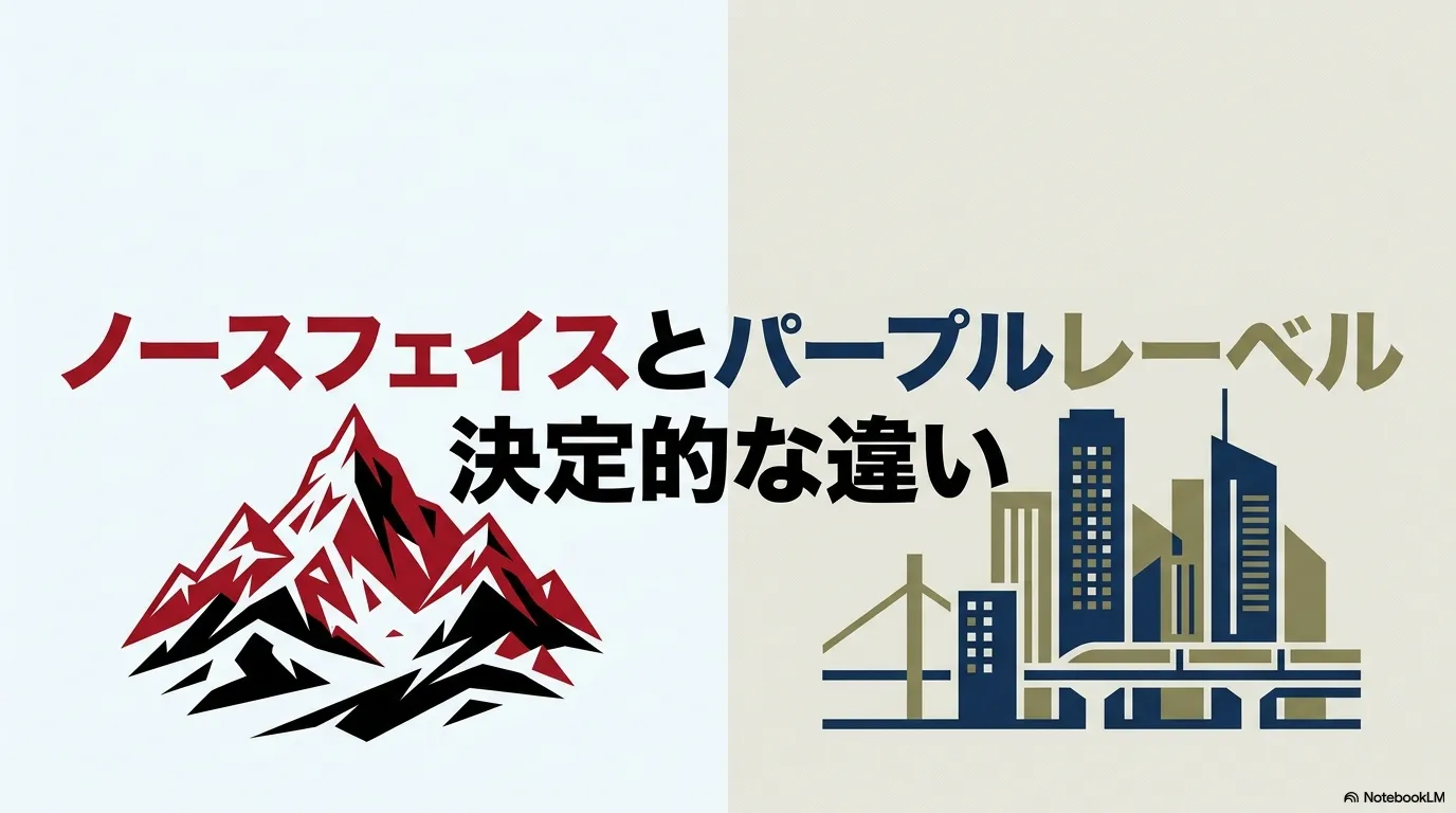 ノースフェイスとパープルレーベルの決定的な違いを示すタイトルスライドと山のイラスト