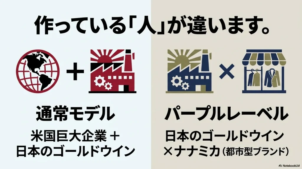 米国巨大企業が展開する通常モデルと、日本のゴールドウインと都市型ブランドのナナミカが協業するパープルレーベルの運営主体の違い