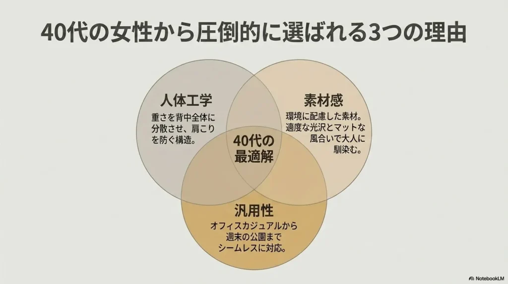 40代の女性から圧倒的に選ばれる3つの理由 。肩こりを防ぐ構造の「人体工学」、大人に馴染む「素材感」、シームレスに対応できる「汎用性」が最適解です 。