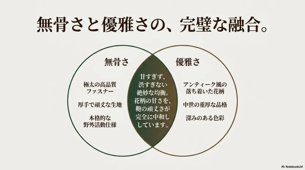 グレゴリー特有の頑丈なパーツとアンティーク調の花柄がもたらす無骨さと優雅さのバランス