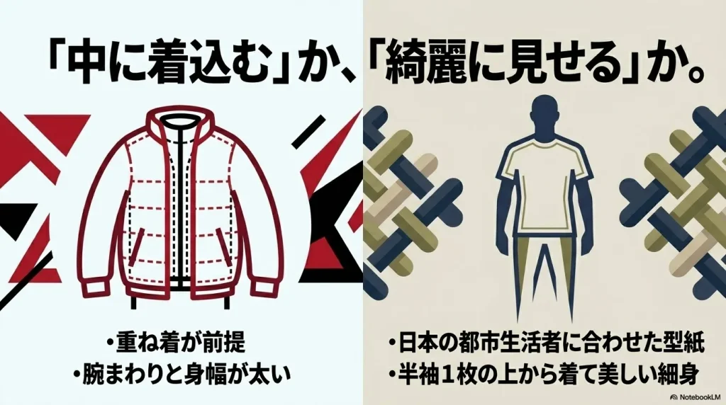 重ね着が前提で身幅が太い通常モデルと、日本の都市生活者に合わせた美しい細身シルエットのパープルレーベルの比較