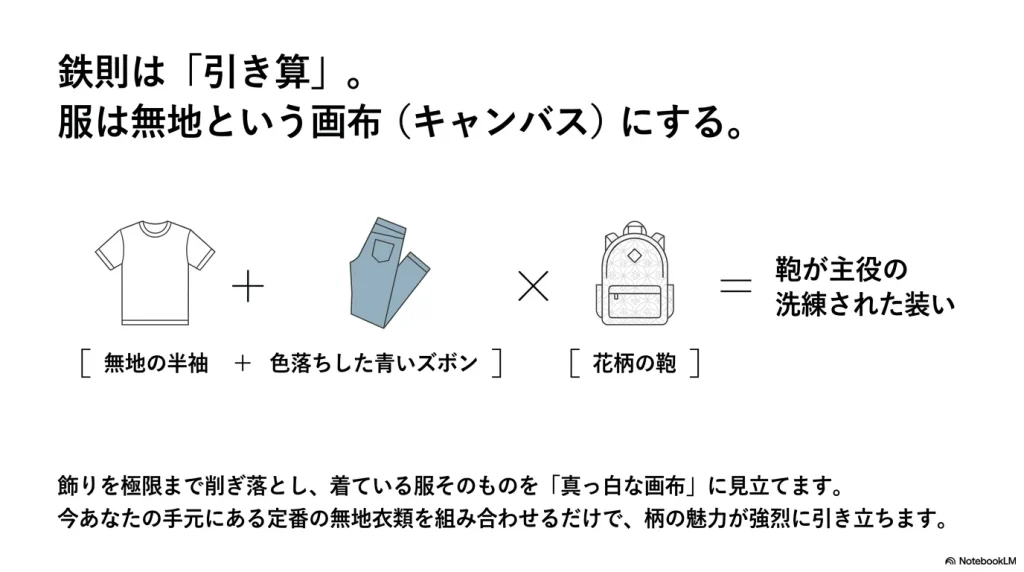 無地の半袖と色落ちしたデニムを画布に見立てて花柄のバッグを主役にする引き算の着こなし例