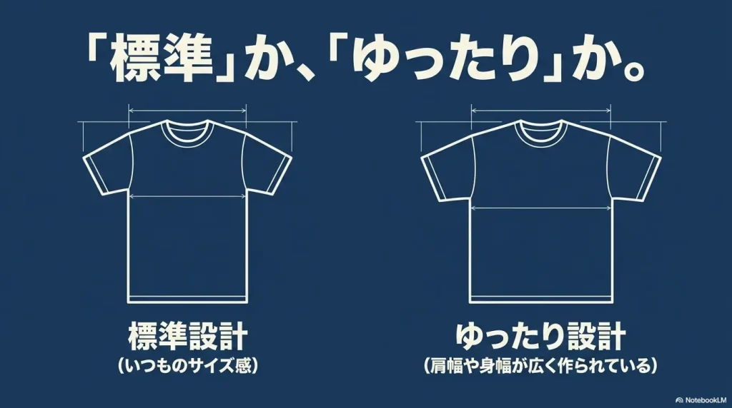 「標準」か、「ゆったり」か。 標準設計(いつものサイズ感) と、ゆったり設計(肩幅や身幅が広く作られている) の図解。