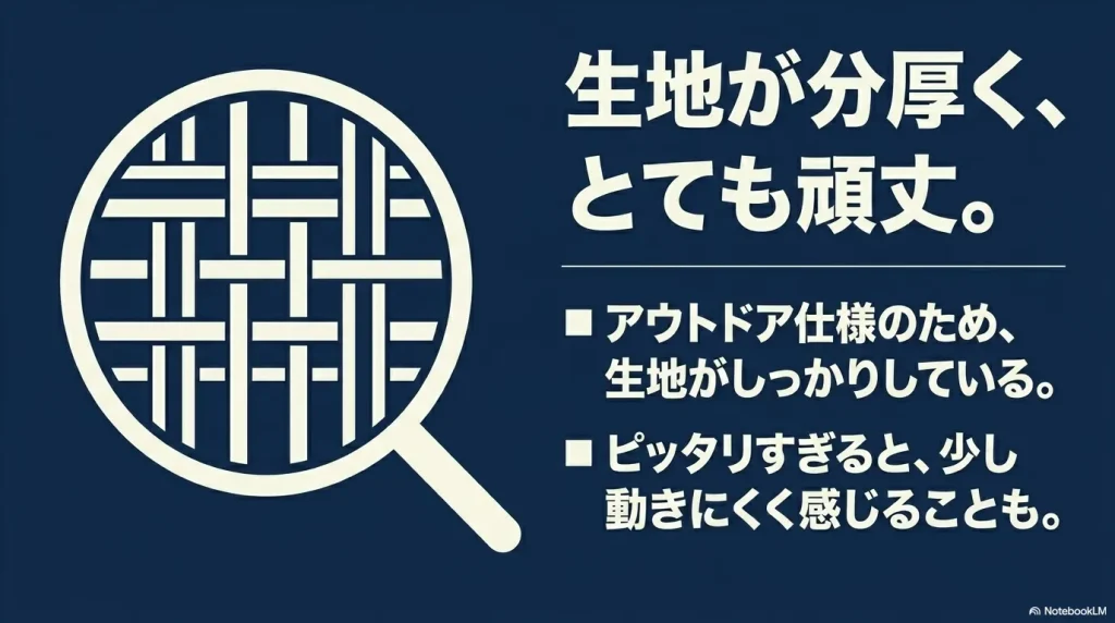生地が分厚く、とても頑丈。 アウトドア仕様のため、生地がしっかりしている。ピッタリすぎると、少し動きにくく感じることも。