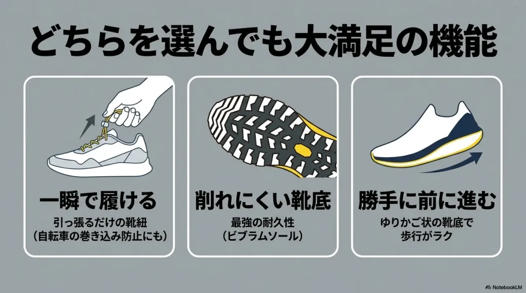 一瞬で履けるクイックトグルレースや耐久性の高いビブラムソールなど、両モデルに共通する機能