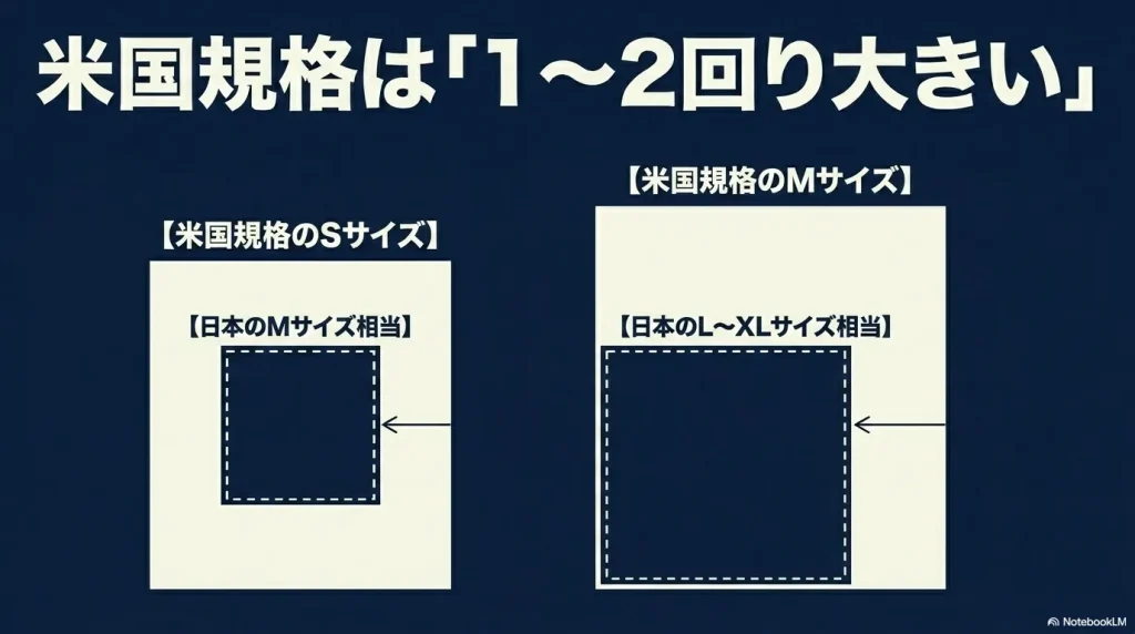 米国規格は「1~2回り大きい」 。日本のMサイズ相当は米国規格のSサイズ 、日本のL〜XLサイズ相当は米国規格のMサイズ 。