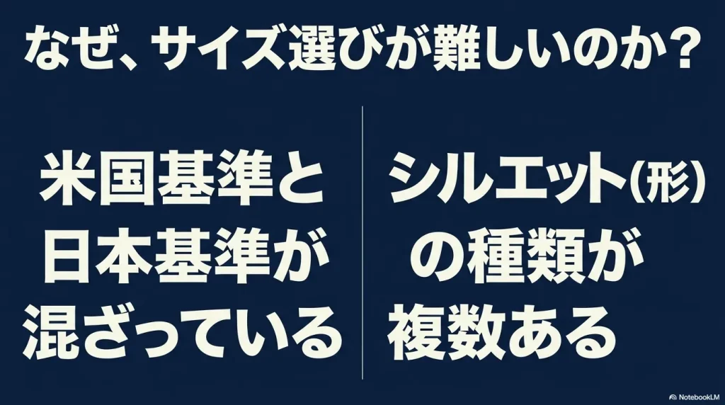 なぜ、サイズ選びが難しいのか? 米国基準と 日本基準が 混ざっている 。シルエット(形) の種類が 複数ある 。