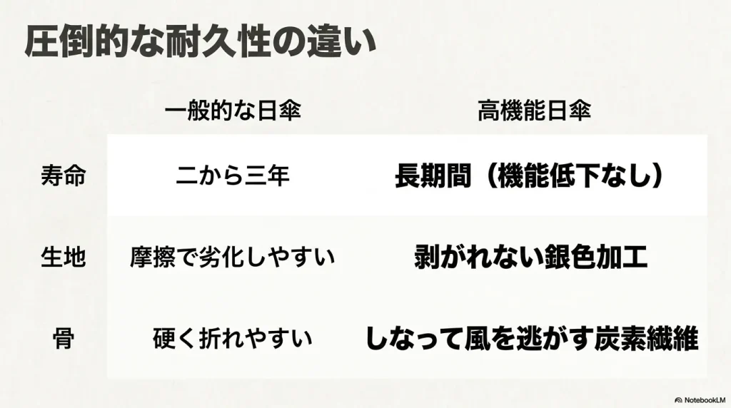 一般的な日傘と高機能日傘の耐久性と寿命の違い比較表