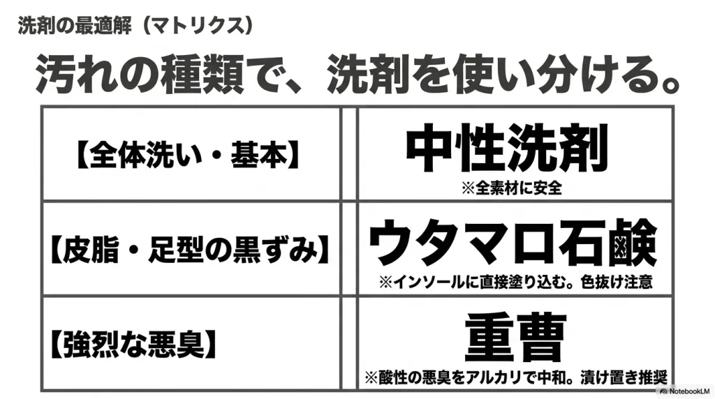 汚れの種類別洗剤の最適解マトリクス。全体洗いには中性洗剤、皮脂や足型の黒ずみにはウタマロ石鹸、強烈な悪臭には重曹を推奨