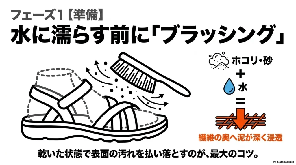 水に濡らす前のブラッシングが重要。ホコリや砂に水が加わると繊維の奥へ泥が深く浸透してしまうことを防ぐ図解