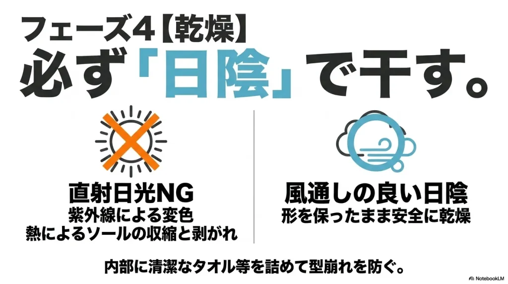 紫外線による変色や熱によるソールの収縮を防ぐため、必ず風通しの良い日陰で干すことを示す図解