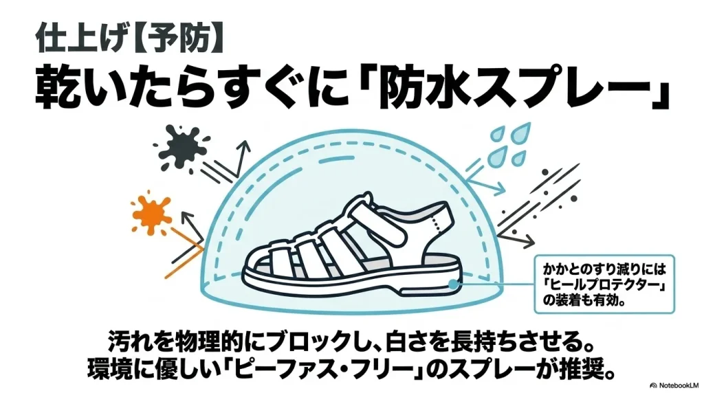 乾いたらすぐに防水スプレーで汚れをブロックし、かかとのすり減りにはヒールプロテクターの装着も有効であることを示す図解