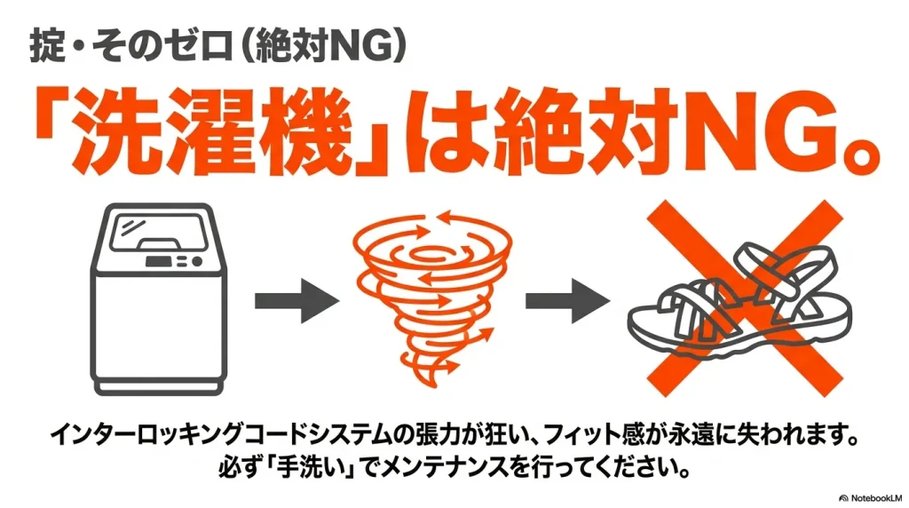 「洗濯機」は絶対NG。インターロッキングコードシステムの張力が狂い、フィット感が永遠に失われることを示す図解