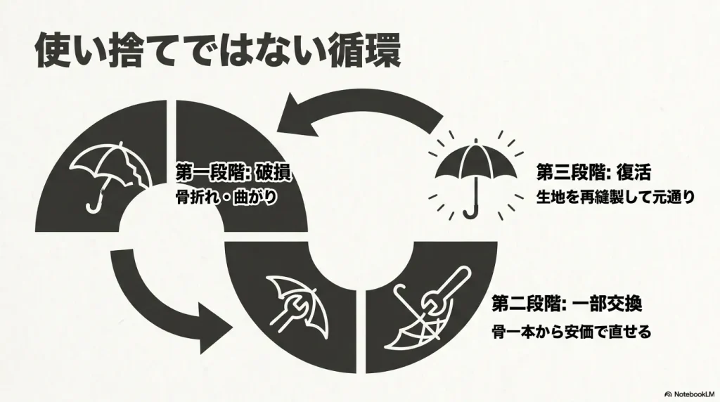 骨の破損から一部交換して復活するモンベル日傘の修理サイクル