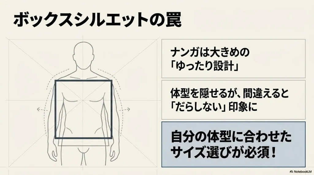 ボックスシルエットの罠。ナンガは大きめの「ゆったり設計」。体型を隠せるが、間違えると「だらしない」印象に。自分の体型に合わせたサイズ選びが必須!