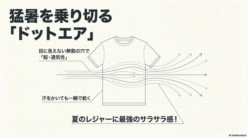 猛暑を乗り切る「ドットエア」。目に見えない無数の穴で「超・通気性」。汗をかいても一瞬で乾く。夏のレジャーに最強のサラサラ感!