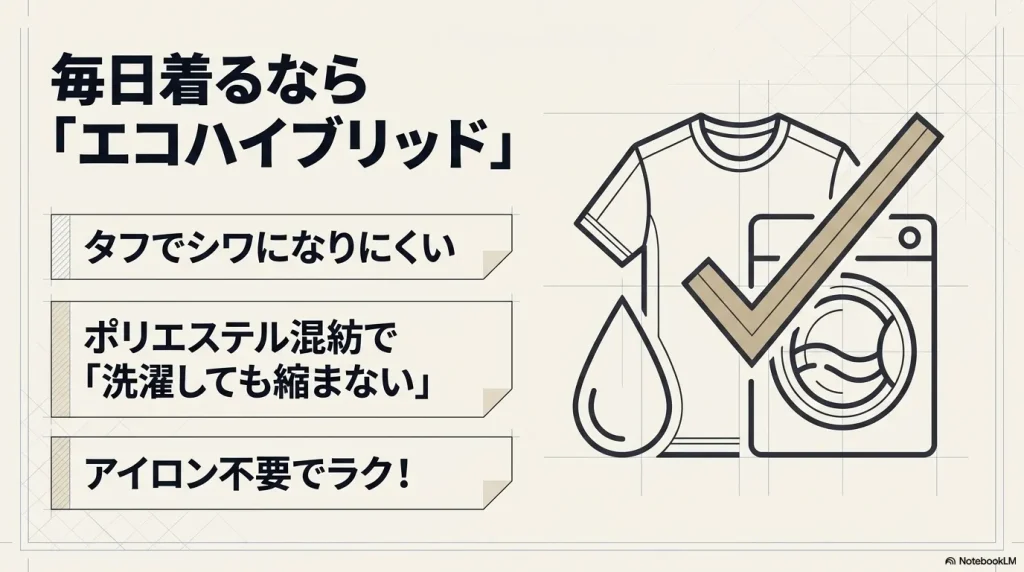 毎日着るなら「エコハイブリッド」。タフでシワになりにくい。ポリエステル混紡で「洗濯しても縮まない」。アイロン不要でラク!