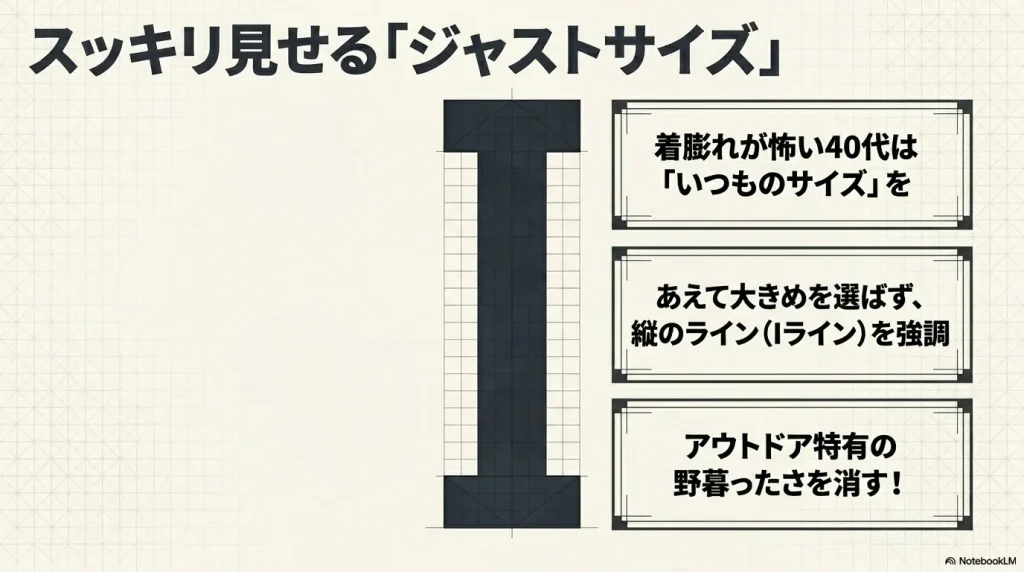 スッキリ見せる「ジャストサイズ」。着膨れが怖い40代は「いつものサイズ」を。縦のライン(Iライン)を強調し、アウトドア特有の野暮ったさを消す!