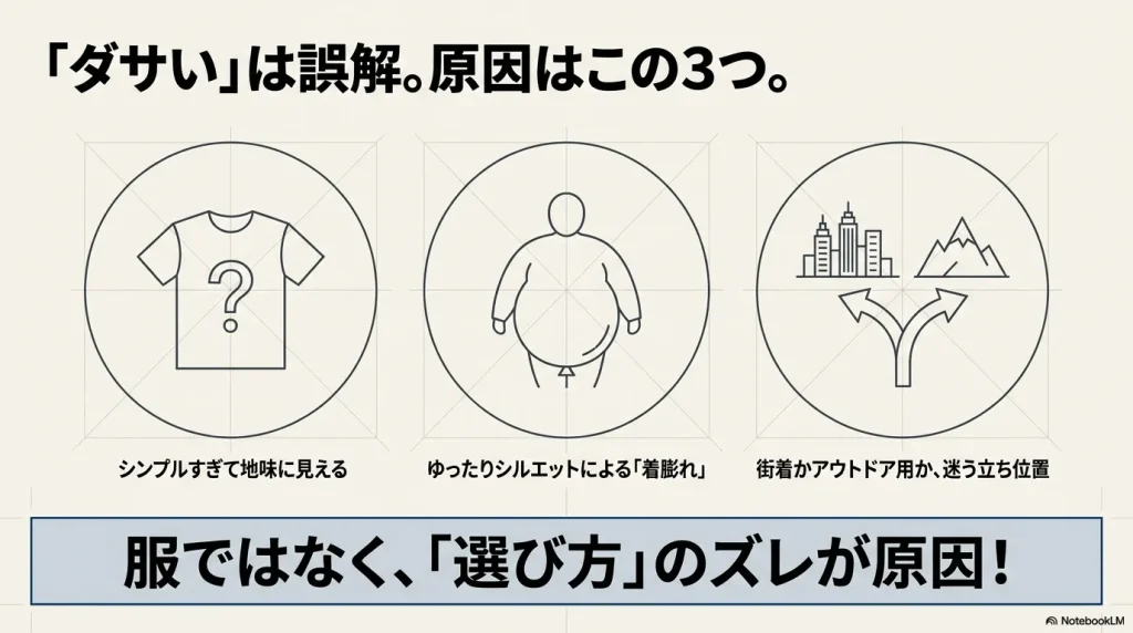 「ダサい」は誤解。原因はこの3つ。シンプルすぎて地味に見える、ゆったりシルエットによる「着膨れ」、街着かアウトドア用か、迷う立ち位置