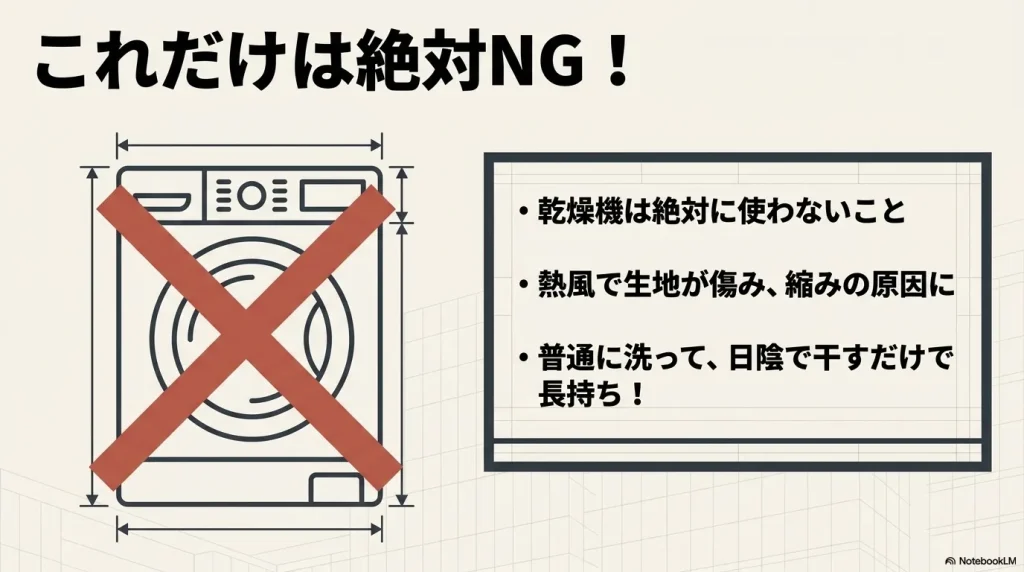 これだけは絶対NG! 乾燥機は絶対に使わないこと。熱風で生地が傷み、縮みの原因に