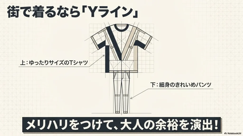 街で着るなら「Yライン」。上はゆったりサイズのTシャツ、下は細身のきれいめパンツ。メリハリをつけて、大人の余裕を演出!