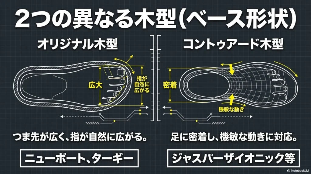 つま先が広く指が自然に広がるオリジナル木型と、足に密着して機敏な動きに対応するコントゥアード木型の特徴と対象モデルの違いを比較したイラスト。