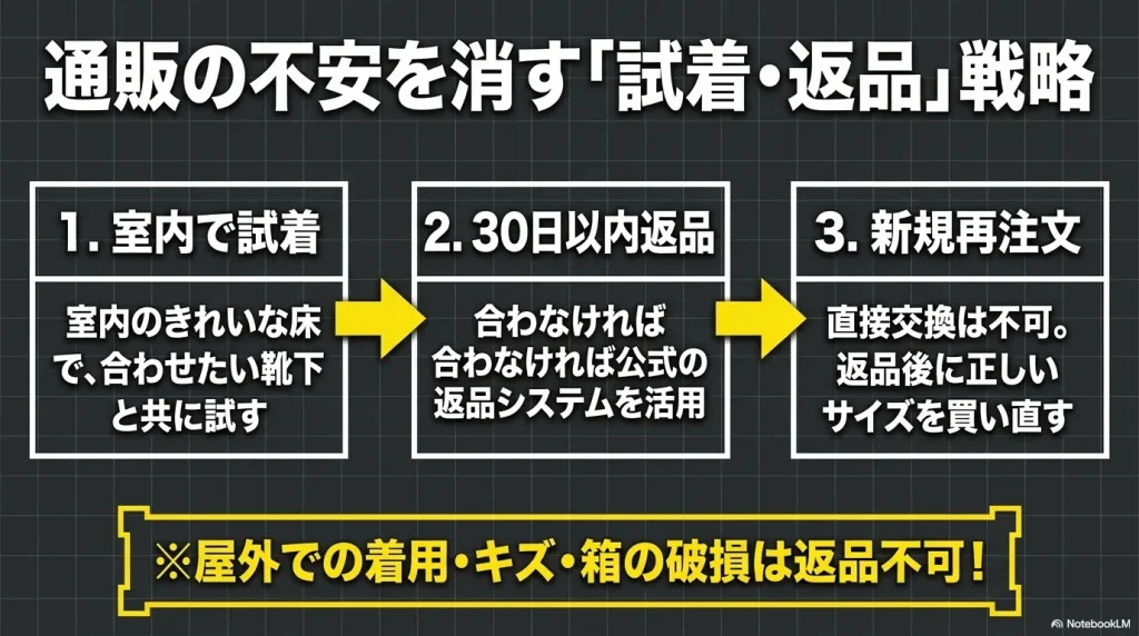 室内でのきれいな床での試着、30日以内の返品システム活用、新規再注文という、通販で失敗しないための3ステップ返品戦略の解説スライド。