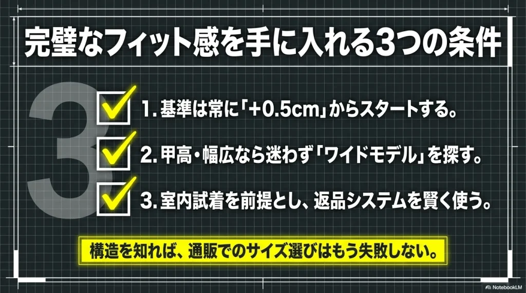 高幅広ならワイドモデル、室内試着と返品システムの活用の3条件を提示するスライド。