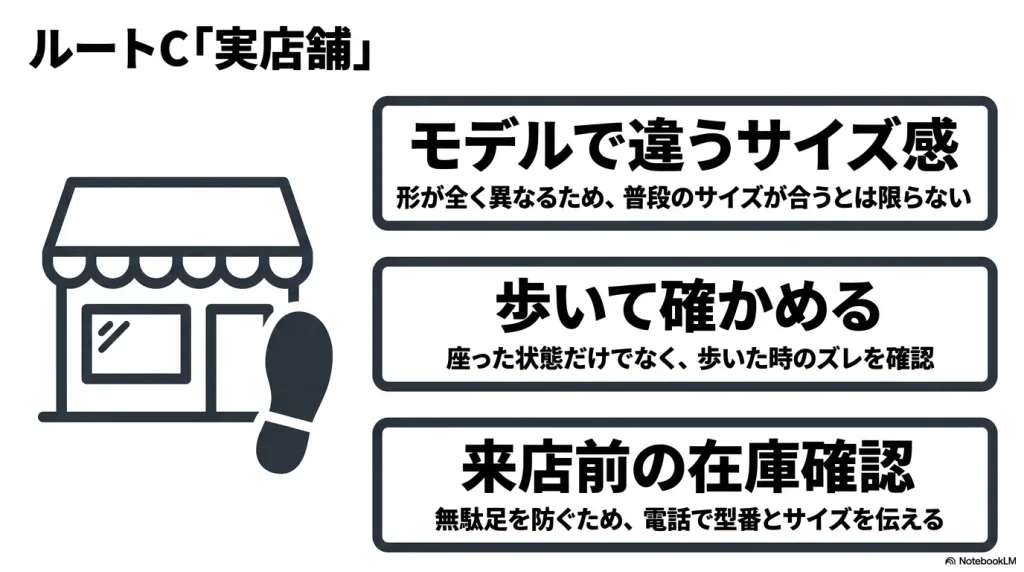 モデルで違うサイズ感を歩いて確かめられる実店舗での購入メリットと来店前の在庫確認
