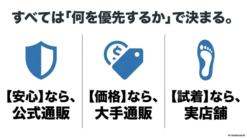 安心なら公式通販、価格なら大手通販、試着なら実店舗というキーン購入先の選び方