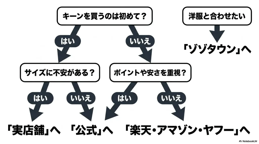 目的やサイズへの不安に合わせて最適なキーンの購入先がわかる診断フローチャート