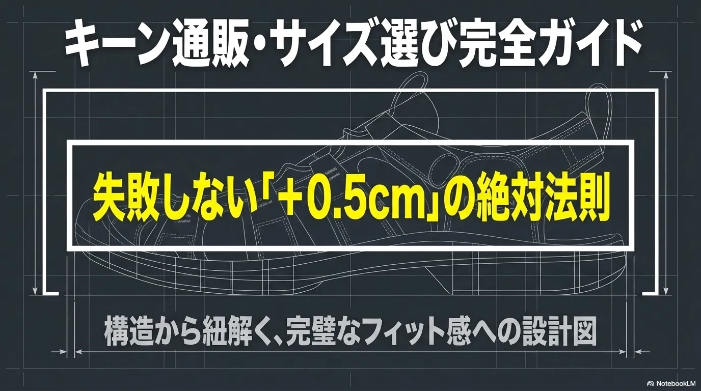 キーンのサイズ選び完全ガイド、失敗しないプラス0.5cmの絶対法則を解説するメインアイキャッチ画像。