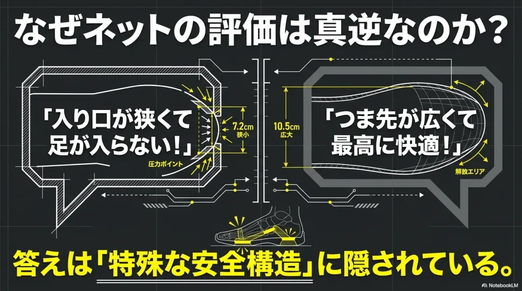キーンのサイズ感について、「入り口が狭くて足が入らない」という不満と「つま先が広くて最高に快適」という絶賛の評価が真逆になる理由を説明する図。