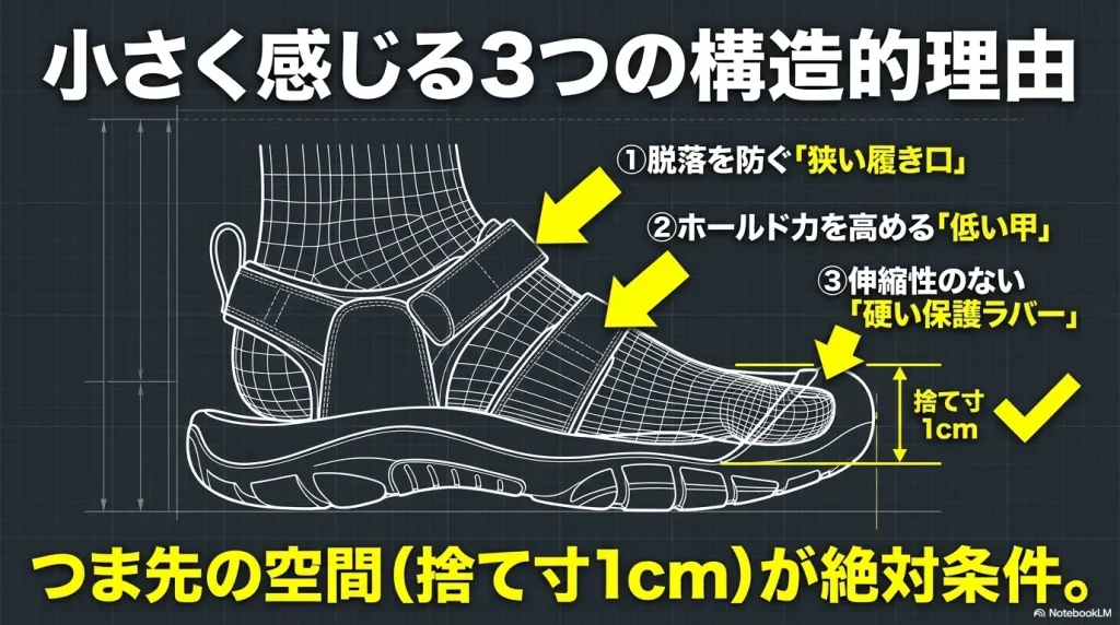 脱落を防ぐ狭い履き口、ホールド力を高める低い甲、伸縮性のない硬い保護ラバーの3つの理由と、捨て寸1cmが絶対条件であることを示すスライド。
